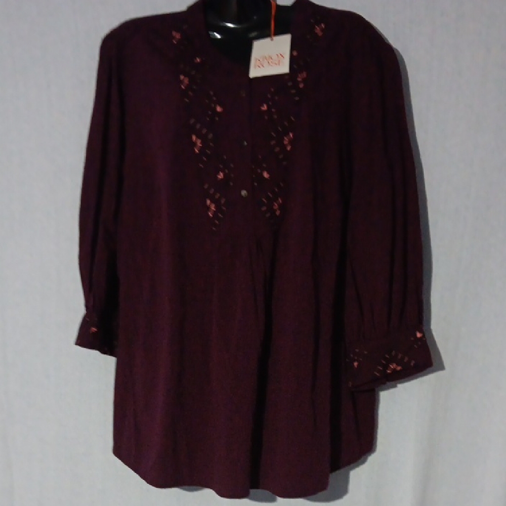 Knox Rose Plum Embroidered Blouse Floral Print 3/4 Sleeve XXL NWT